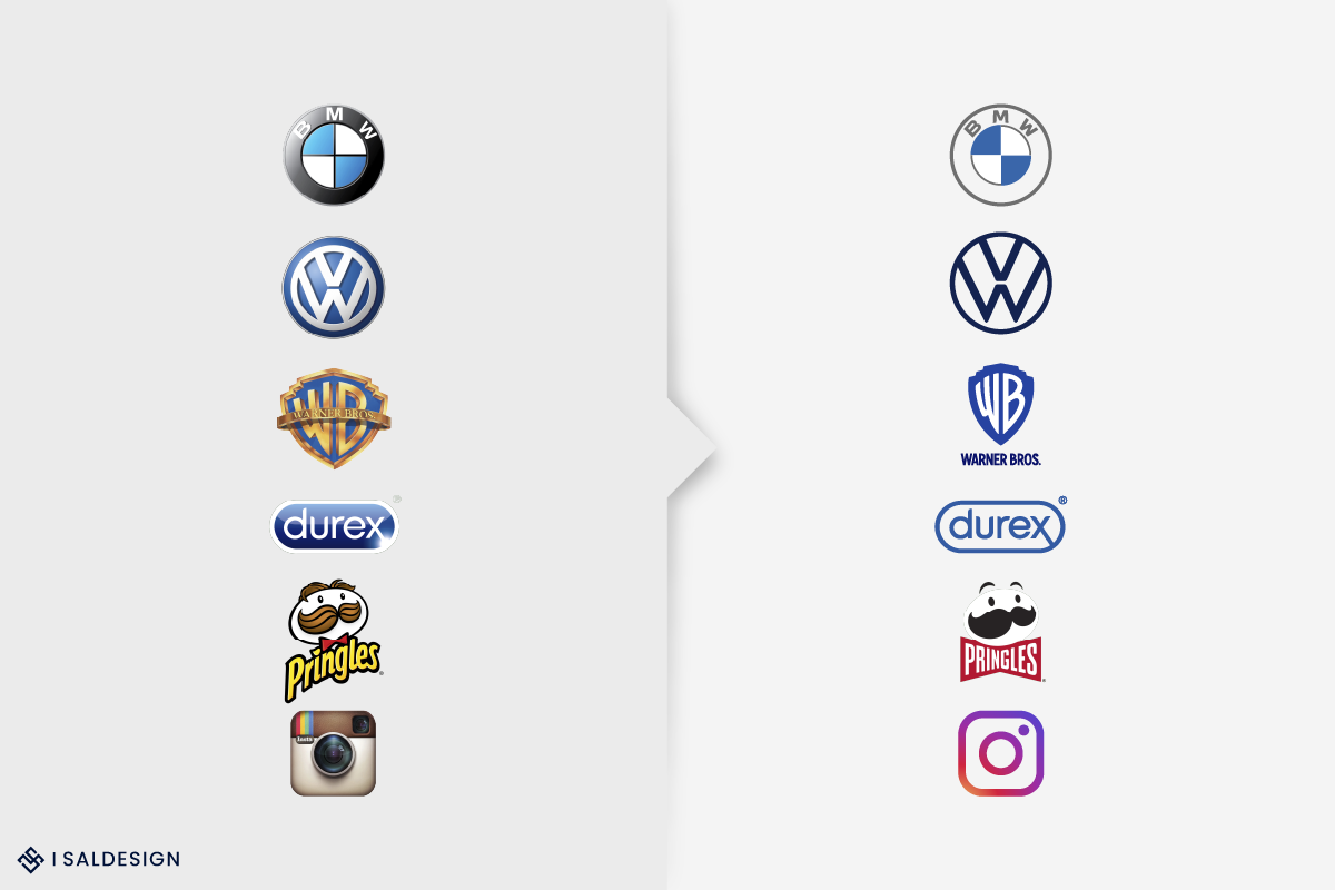 Logo's van BMW, Volkswagen, Warner Bros, Durex, Pringles en Instagram aan de linkerkant. De opnieuw ontworpen versies met eenvoudigere ontwerpen staan aan de rechterkant, wat een ontwerpkeuze weerspiegelt die de logomythe van complexiteit als sleutel ontkracht.