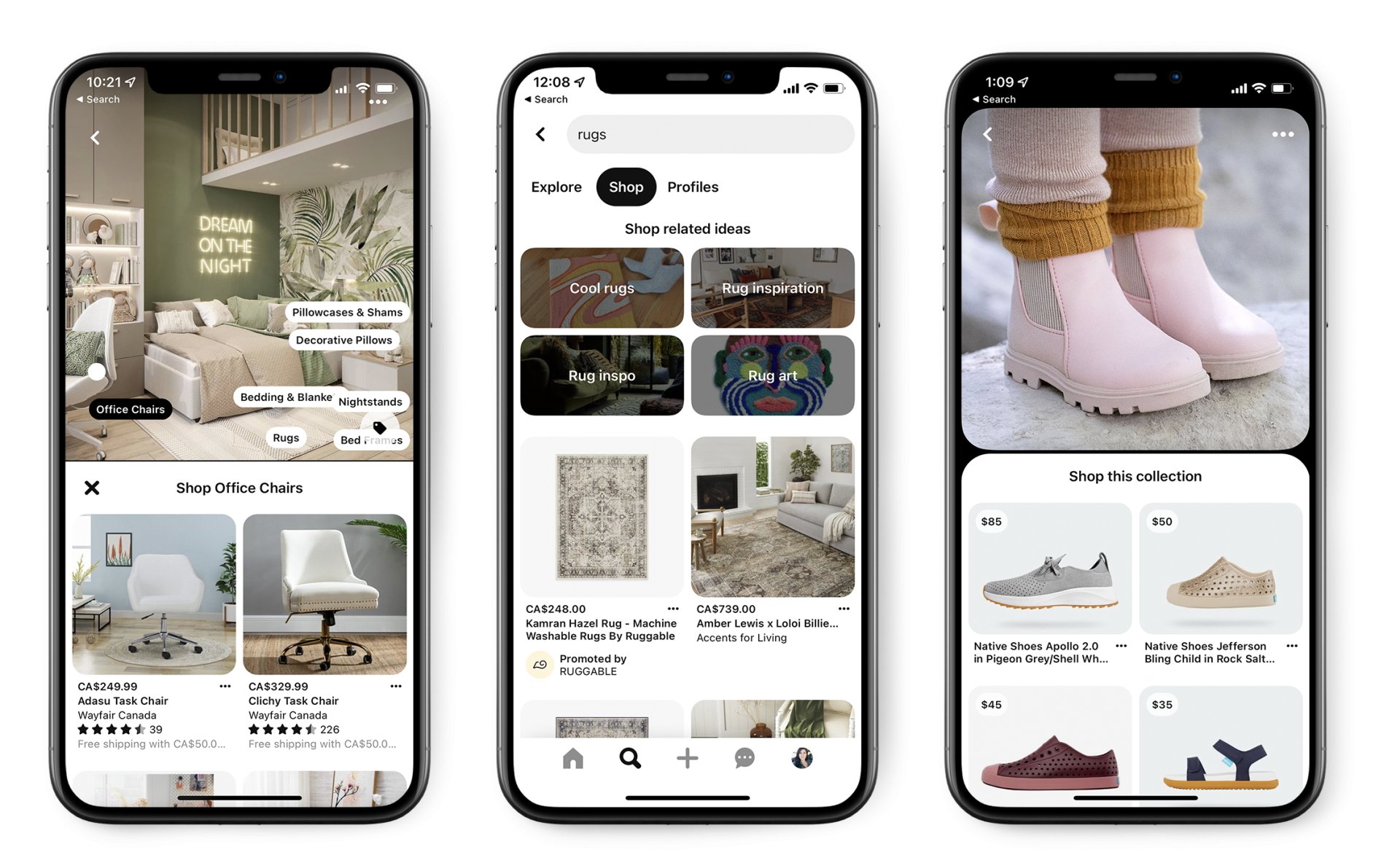 Drie smartphoneschermen tonen een shopping-app-interface, met woonaccessoires, tapijten en schoenen met verschillende productafbeeldingen en prijzen. De lay-out lijkt op Pinterest Ads, wat een visueel aantrekkelijke manier biedt om nieuwe trends te ontdekken en moeiteloos te winkelen.