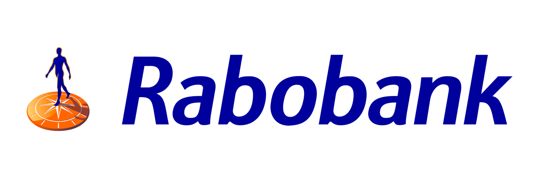 Het logo van de Rabobank toont een oranje mensfiguur die op een kompas staat, wat symbool staat voor de branding. Het levendige kleurgebruik versterkt de visuele aantrekkingskracht naast de blauwe tekst "Rabobank.
