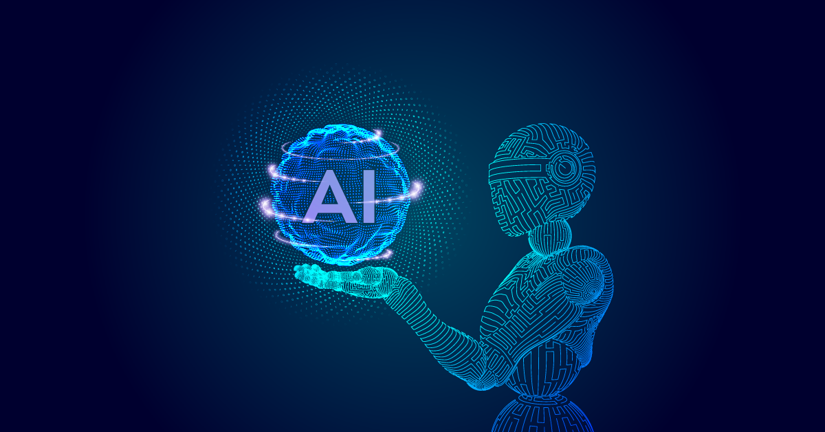 Een robot met circuitpatronen houdt een gloeiende bol vast met het opschrift 'AI' tegen een donkerblauwe achtergrond, die de toekomst van AI-agenten belichaamt.