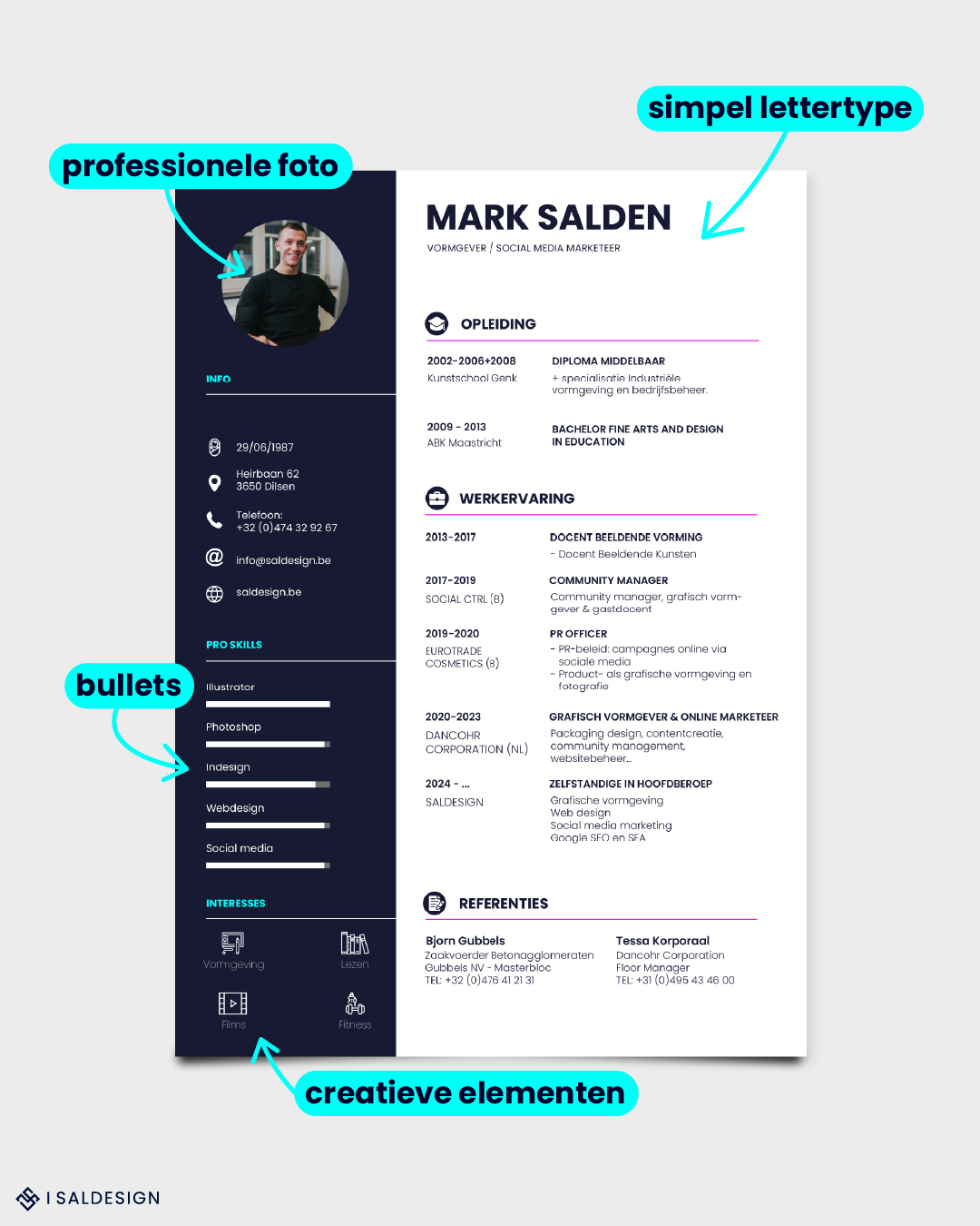Een modern ontwerp voor cv dat vaardigheden, opleiding en ervaring laat zien. Bevat een professionele foto, eenvoudig lettertype, opsommingstekens en creatieve ontwerpelementen. Tekst is in het Nederlands voor een authentiek gevoel.