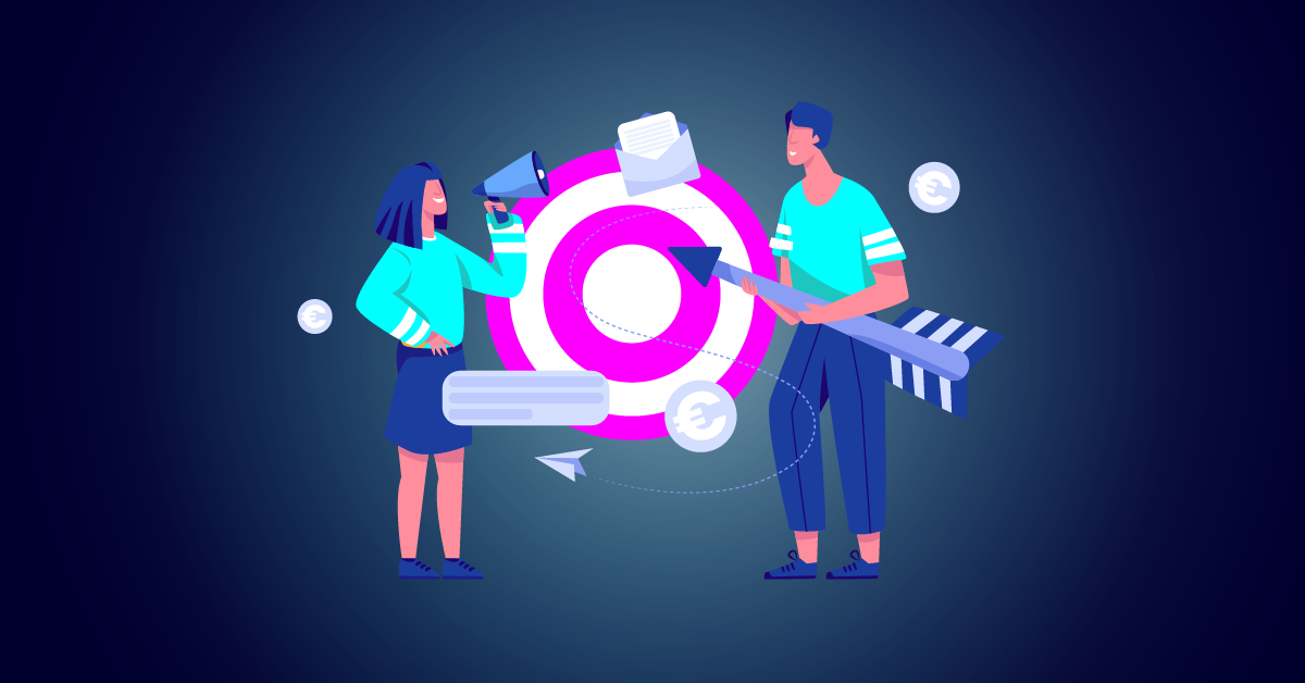 Twee geïllustreerde personen staan bij een groot doel. De een houdt een megafoon vast, symbool voor de kracht van adverteren op social media, terwijl de ander een pijl vasthoudt die gericht is op het effectief bereiken van doelgroepen. Verschillende iconen omringen hen, die een digitaal of communicatiethema aangeven.