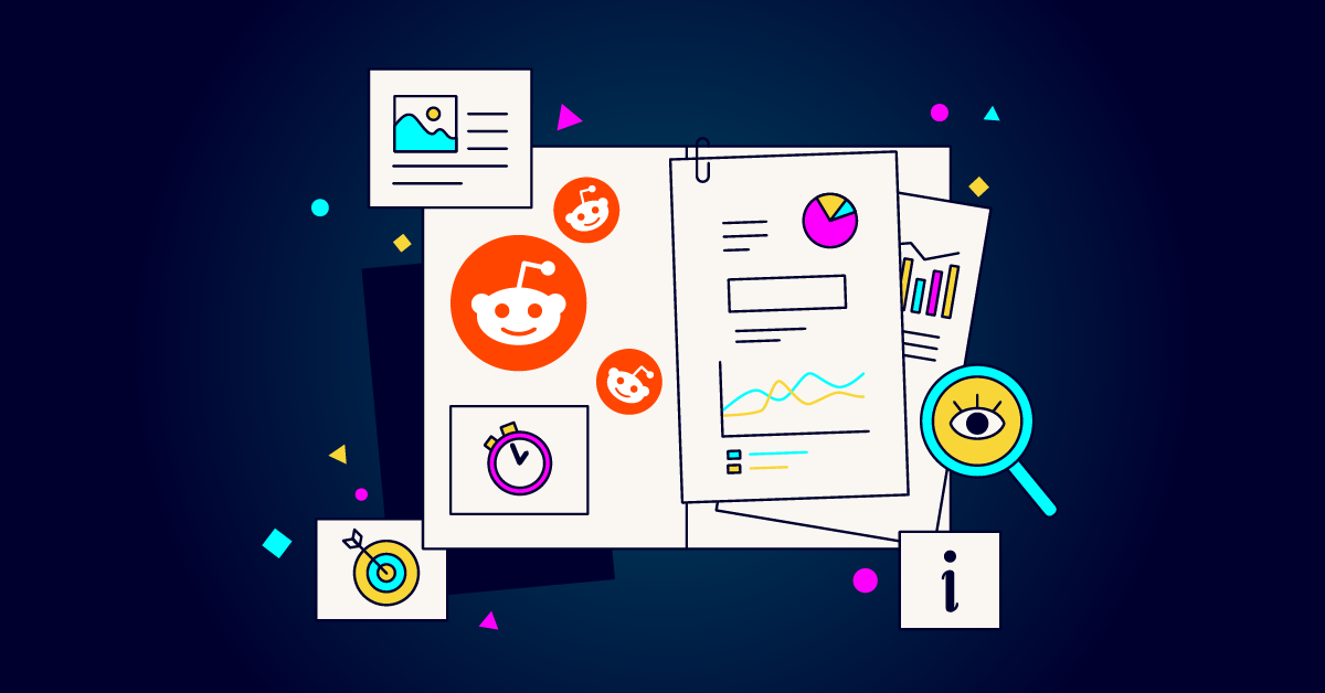 Illustratie van verschillende digitale iconen en grafieken op papier, waaronder een stopwatch, Reddit-logo's en vergrootglas, tegen een blauwe achtergrond. Perfect voor het visualiseren van zoekwoordenonderzoek- of doelgroeponderzoekstrategieën.
