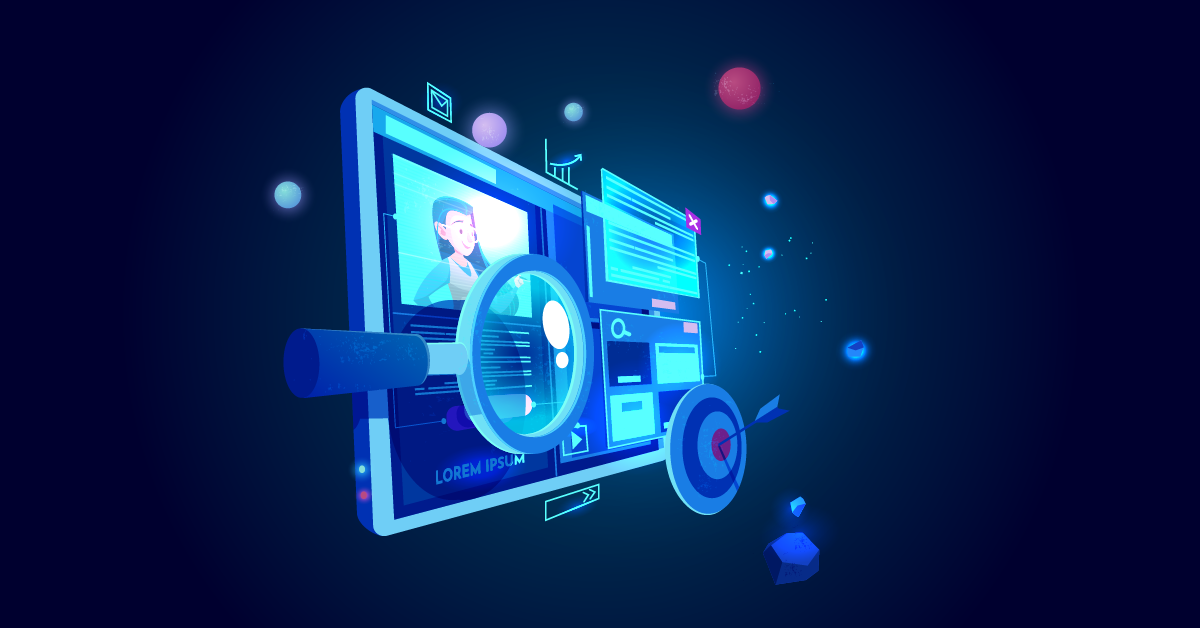 Een digitale illustratie van een virtueel scherm met zoek- en analyse-elementen, waaronder een vergrootglas, grafieken en een doelpictogram, tegen een donkerblauwe achtergrond. Perfect om de impact van webdesign op zoekmachineoptimalisatie te laten zien.