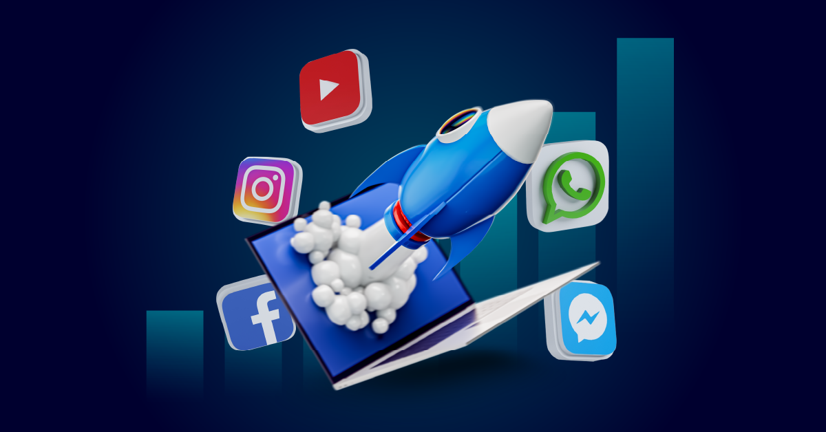 Een blauwe raket lanceert vanaf een laptopscherm, omringd door social media iconen zoals YouTube, Instagram, Facebook, WhatsApp en Messenger. Balken op de achtergrond suggereren groei en verbeterde zichtbaarheid door Social Media SEO technieken op platformen zoals Google.