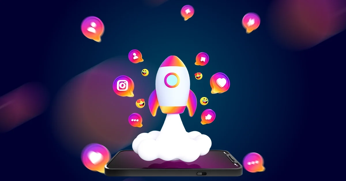 Een kleurrijke raket wordt gelanceerd vanaf een smartphone, omringd door social media-iconen en emoji's op een donkere achtergrond. Dit toont de kracht van interactie en geeft praktische tips voor het maken van boeiende reels.
