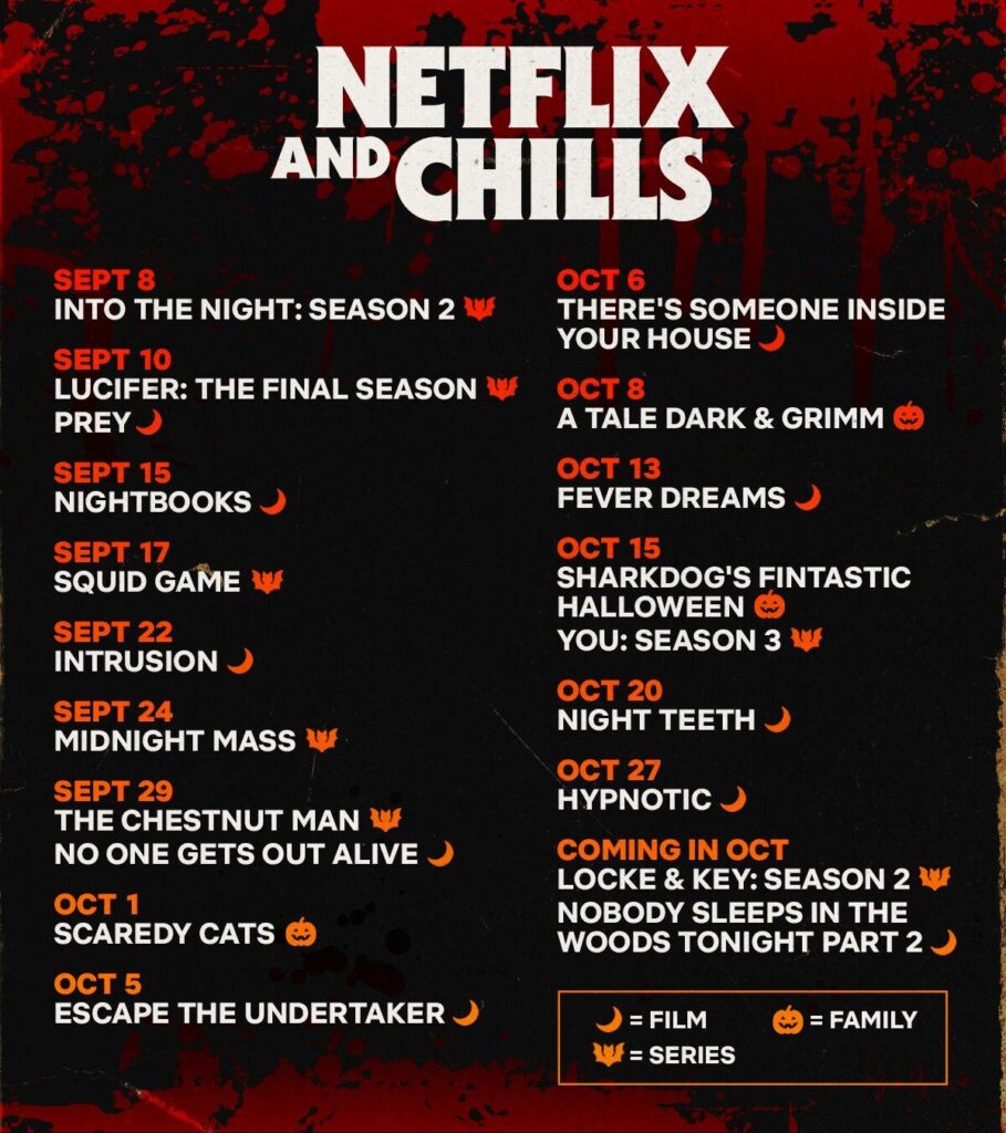 Poster voor "Netflix and Chills" met releasedatums voor horror-themaseries en films in september en oktober, met iconen die films en series aangeven. Perfect voor social media marketingstrategieën met zijn opvallende, originele content die is ontworpen om het publiek te boeien.