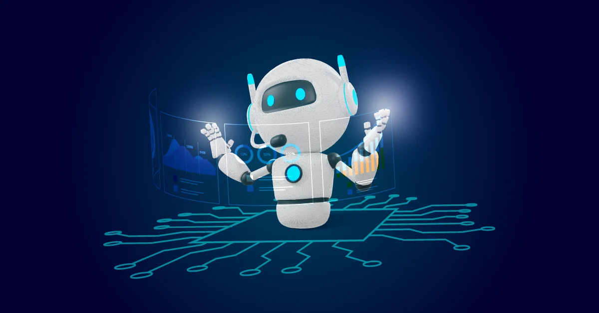 Een 3D-robot staat op een digitaal circuitbord en communiceert met virtuele datatabellen, waarop grafieken en informatie worden weergegeven.