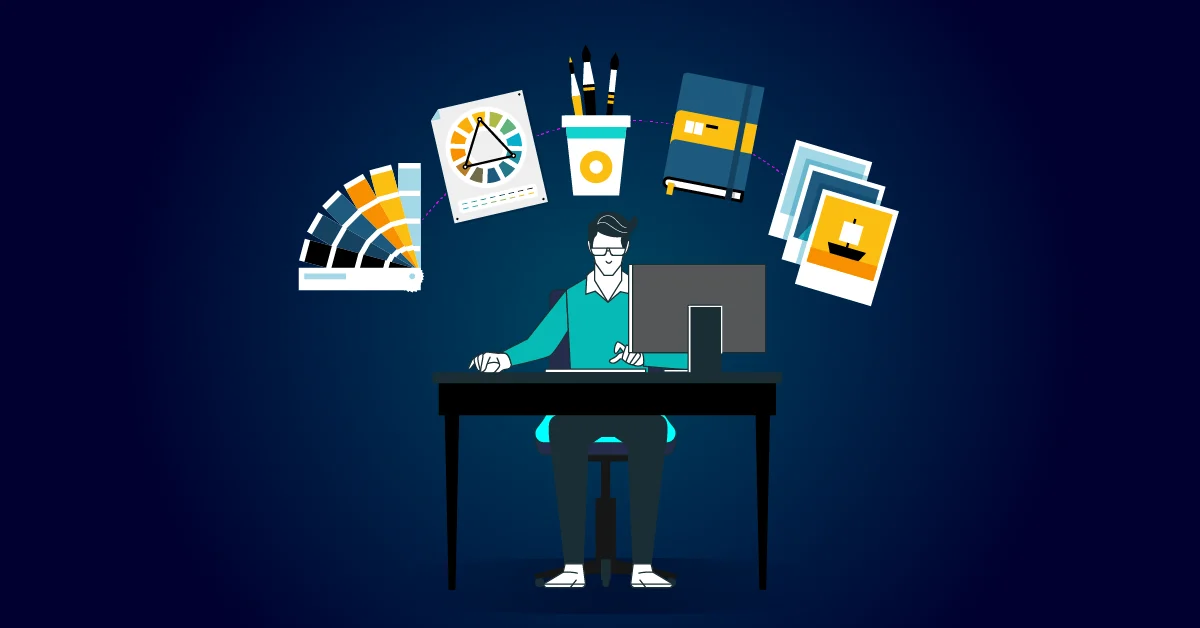 Illustratie van een persoon aan een bureau met een computer, omringd door ontwerptools zoals kleurstalen, een potloodbeker en foto's op een donkerblauwe achtergrond. De scène legt de essentie van moderne designtrends en de kunst van kleurentheorie vast.