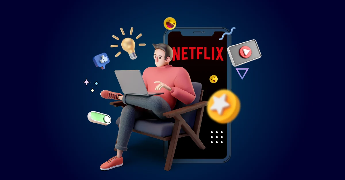 Een persoon zit op een stoel met een laptop, met een grote telefoon erachter met het Netflix-logo. Omringd door digitale iconen en symbolen op een donkere achtergrond, belichaamt deze scène de kracht van sociale media en originele content in moderne marketingstrategieën.