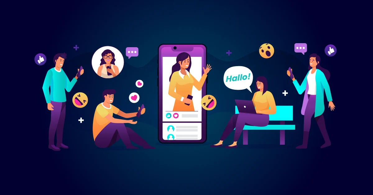 Illustratie van mensen die interacteren met een grote smartphone met een populair platform. Een persoon zwaait naar de telefoon, een ander zit op een bankje met een laptop, weer anderen gebruiken hun telefoon. Deze scène legt het dagelijks leven in Nederland of België vast via digitale verbinding.