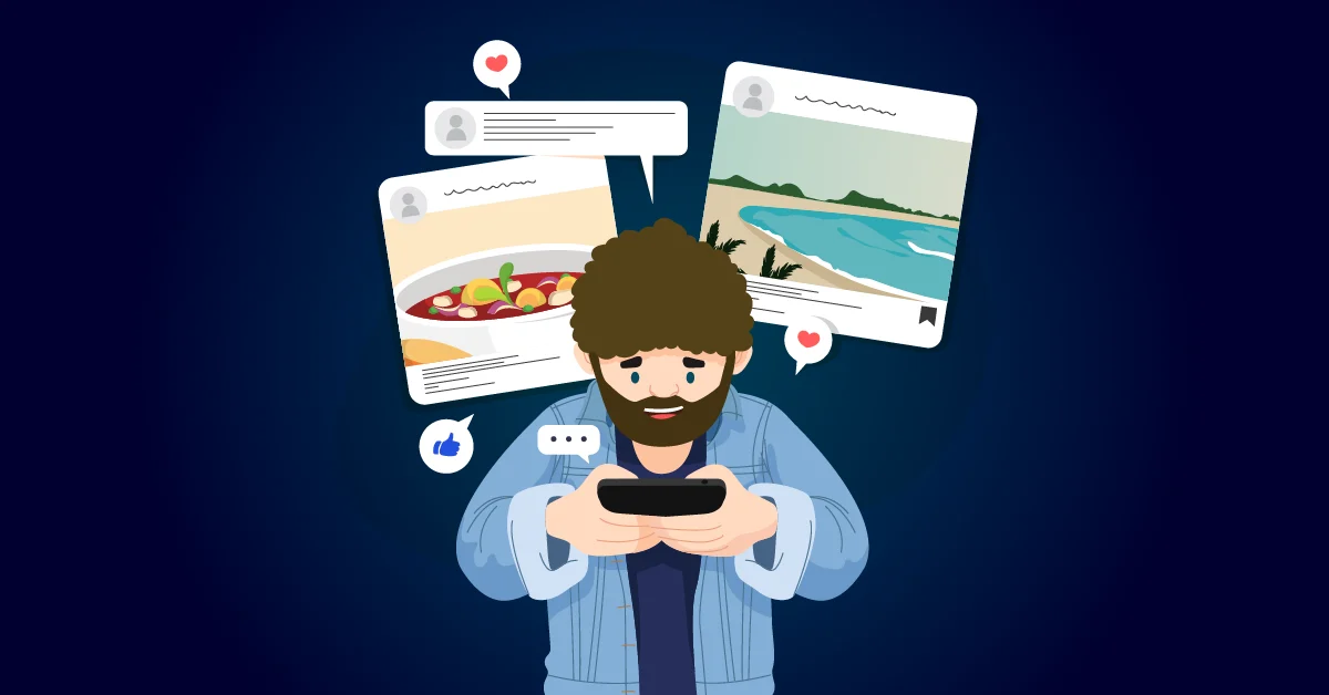 Illustratie van een persoon die een smartphone gebruikt, omringd door zwevende berichten op sociale media over eten en een strand, met pictogrammen voor vind-ik-leuks en reacties.