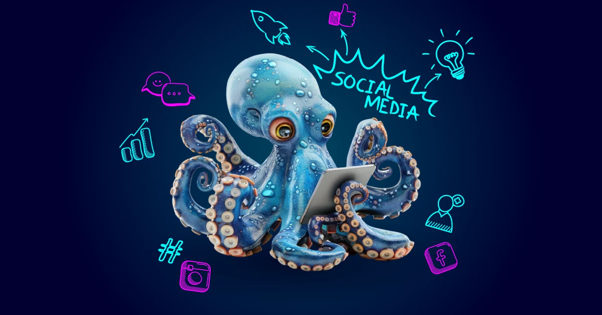 Een blauwe octopus houdt vakkundig een tablet vast, omringd door social media-iconen, grafieken en de tekst 'Social Media Marketing' tegen een donkere achtergrond.