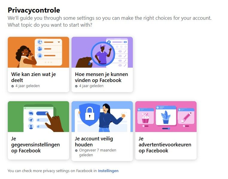 Een pagina met privacyinstellingen met vijf geïllustreerde opties over delen, vinden, privacyinstellingen, accountbehoud en advertentievoorkeuren op Facebook en WhatsApp.