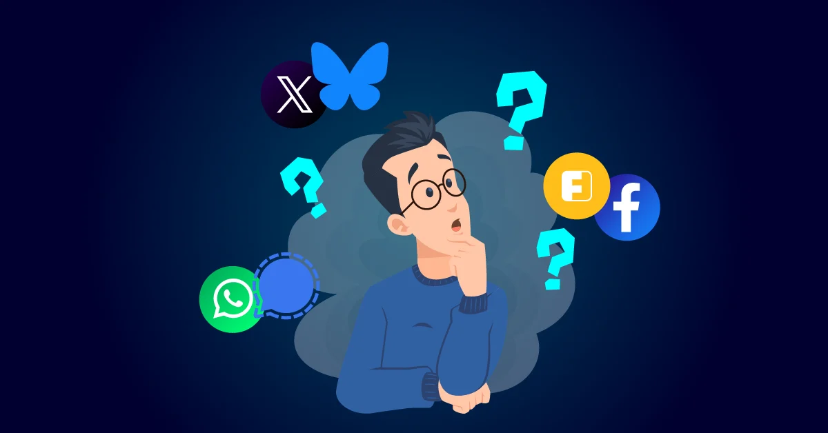 Illustratie van een nadenkende persoon, omgeven door symbolen van sociale media-apps zoals X, vlinder, WhatsApp, Facebook en vraagtekens op een donkere achtergrond.