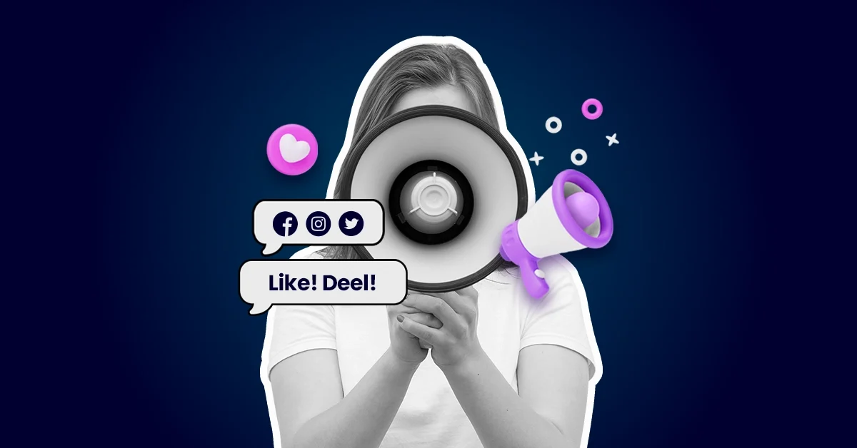 Een persoon met een megafoon met daarop social media-iconen, tekstballonnen en digitale interactiesymbolen op een blauwe achtergrond: ideaal om de naamsbekendheid te vergroten en uw publiek te betrekken.