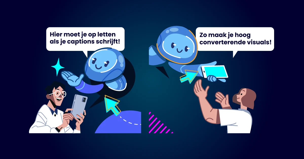 Twee stripfiguren en blauwe roboticonen met Nederlandse tekstballonnen bespreken het schrijven van bijschriften, analyseren met AI en het maken van hoog-converterende beelden, terwijl ze tablets en mobiele apparaten vasthouden tegen een blauwe achtergrond.