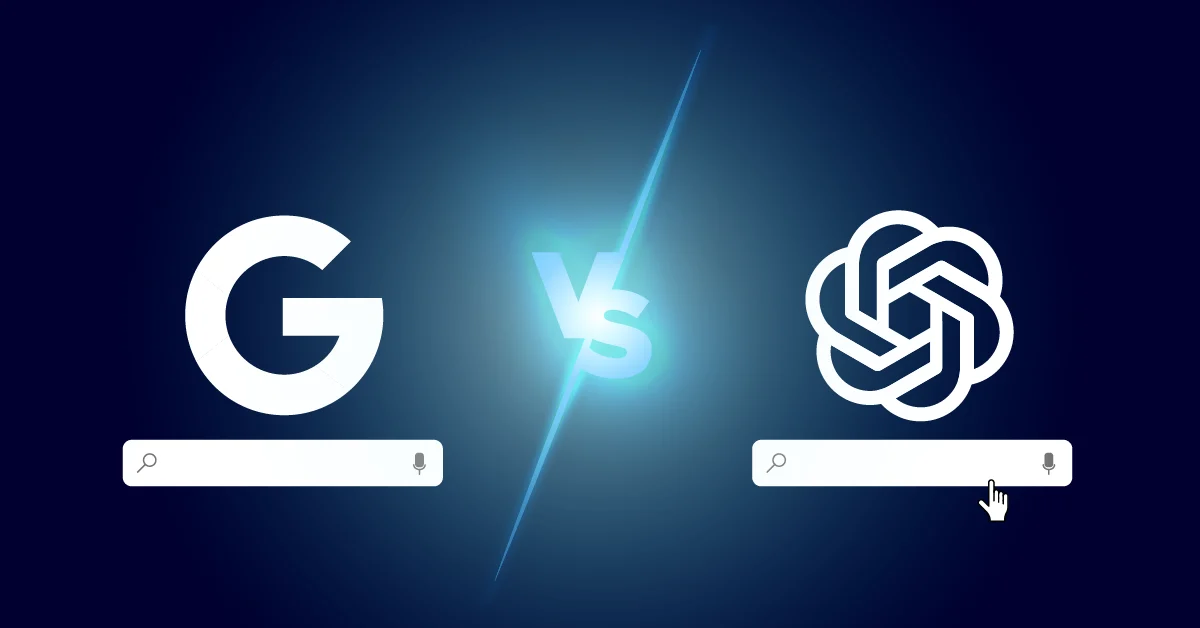 Een afbeelding toont het Google-logo en de zoekbalk aan de linkerkant en de SearchGPT-zoekbalk van OpenAI aan de rechterkant, gescheiden door een oplichtende "VS", die AI-overzichten in moderne SEO benadrukt.