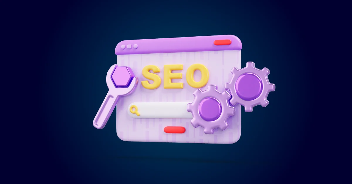 3D-illustratie van een webbrowservenster met de tekst 'SEO', een vergrootglas en twee tandwielen, die het crawlen van de website en zoekmachineoptimalisatie voorstellen.