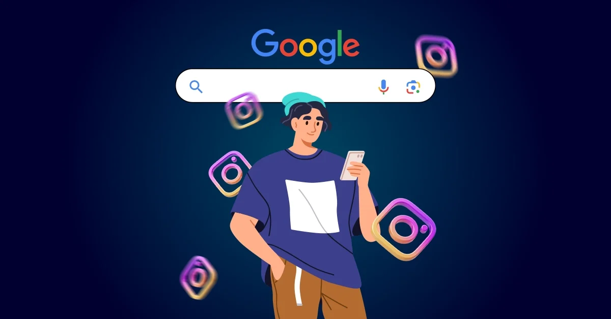 Illustratie van een persoon die een telefoon gebruikt en voor een Google-zoekbalk staat met meerdere Instagram-logo's die rondzweven, om de impact van SEO op Google-zoekresultaten te benadrukken.