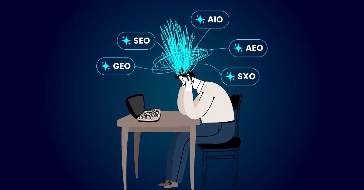 Illustratie van een persoon aan een bureau met een laptop, die zijn hoofd vasthoudt, omgeven door digitale marketingafkortingen zoals SEO, GEO, AIO, AEO, SXO, en met hints van Ai-tracking voor campagne-inzichten.