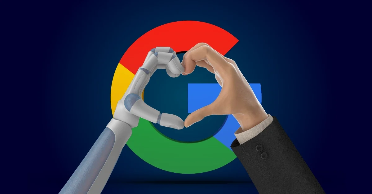 Een menselijke hand en een robothand vormen samen een hartvorm voor een groot, kleurrijk Google-logo, symbool voor harmonie tussen mensen en AI-gedreven zoekopdrachten op een donkerblauwe achtergrond.