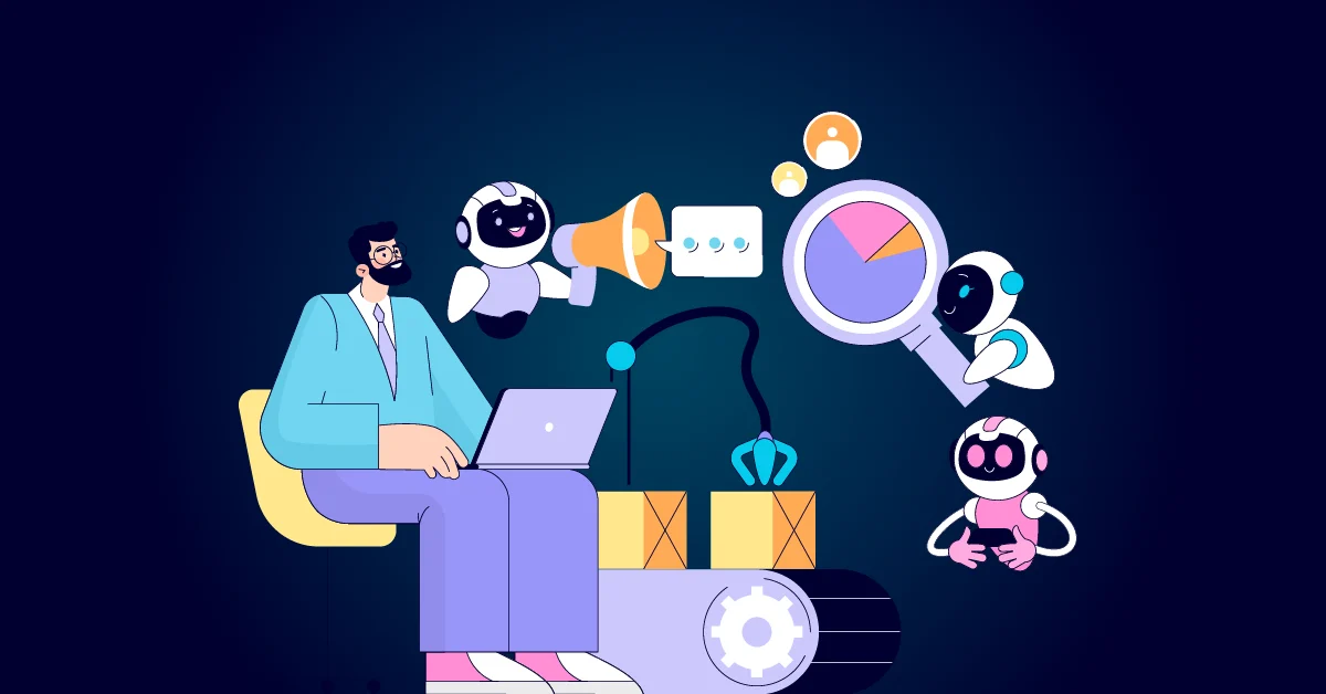 Illustratie van een man die een laptop gebruikt, omringd door robots die taken uitvoeren zoals gegevensanalyse, communicatie en gaming. Dit staat voor automatisering, AI-hulp en de impact van AI-gegenereerde inhoud.