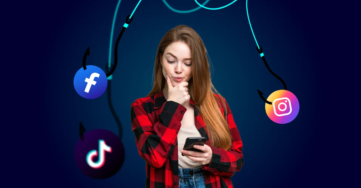 Een vrouw in een rood geruit shirt bladert door haar telefoon, omringd door de sociale mediahaak van Facebook-, Instagram- en TikTok-pictogrammen op een donkerblauwe achtergrond.