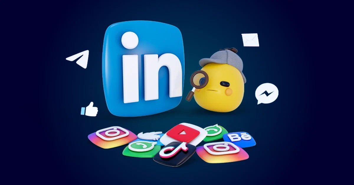 Een detective emoji met een vergrootglas staat naast een groot LinkedIn logo, omringd door iconen van verschillende sociale media platformen, die de kunst van het ontdekken van slimme LinkedIn content strategieën op een donkere achtergrond benadrukken.