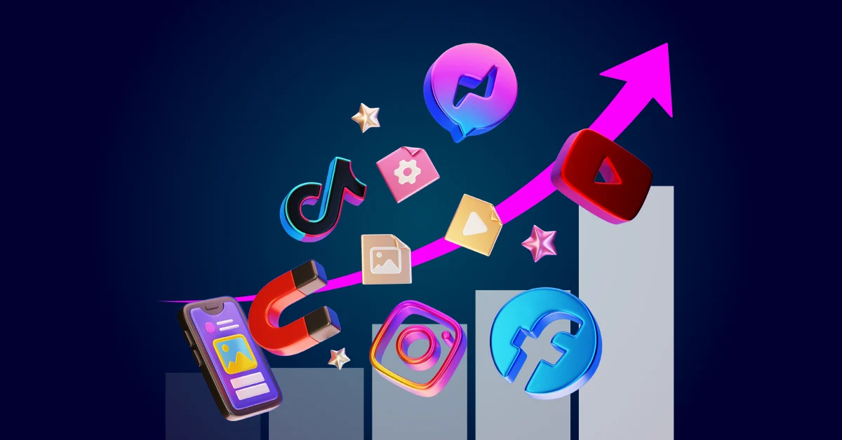 Illustratie van sociale media-iconen, een smartphone en een magneet boven een stijgend staafdiagram met een pijl naar boven, als symbool voor toenemende sociale-mediabetrokkenheid of -groei.
