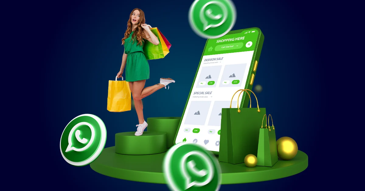 Een vrouw met boodschappentassen staat naast een grote smartphone met een boodschappenapp, met groene boodschappentassen en WhatsApp-pictogrammen om haar heen.