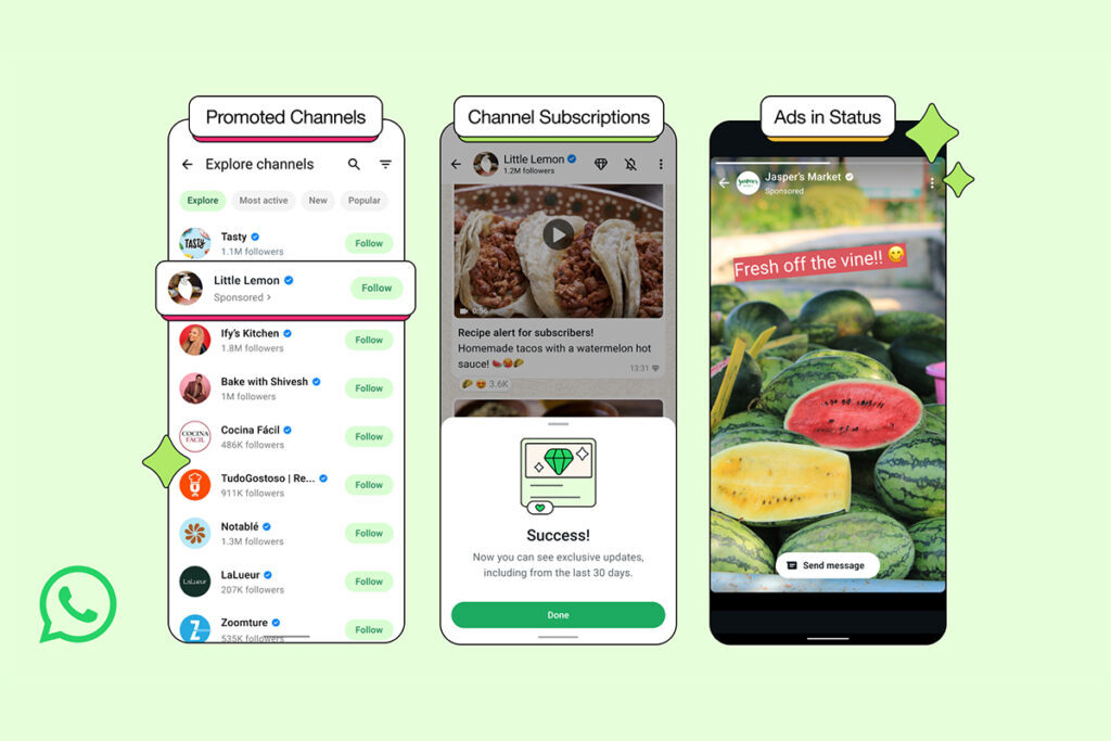 WhatsApp-interface met gepromote kanalen, kanaalabonnementen met extraatjes en fruitadvertenties in statusupdates.