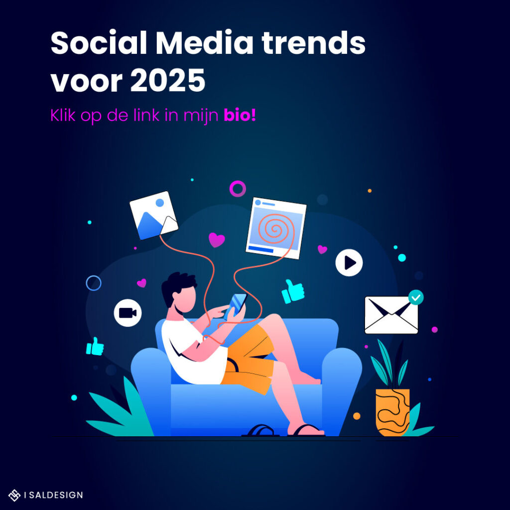 Illustratie van een persoon op een bank die een smartphone gebruikt, omringd door social media-iconen en afbeeldingen. Tekst luidt "Social Media trends voor 2025"-de perfecte social media haak om je aandachtstrekker te versterken.