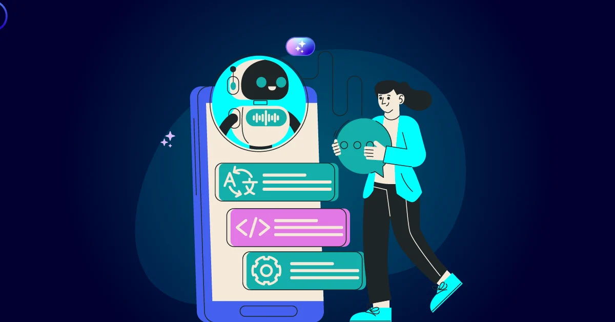 Illustratie van een vrouw die een grote cirkel vasthoudt naast een smartphone waarop een chatbot staat met pictogrammen voor taal, code en instellingen op een donkerblauwe achtergrond.