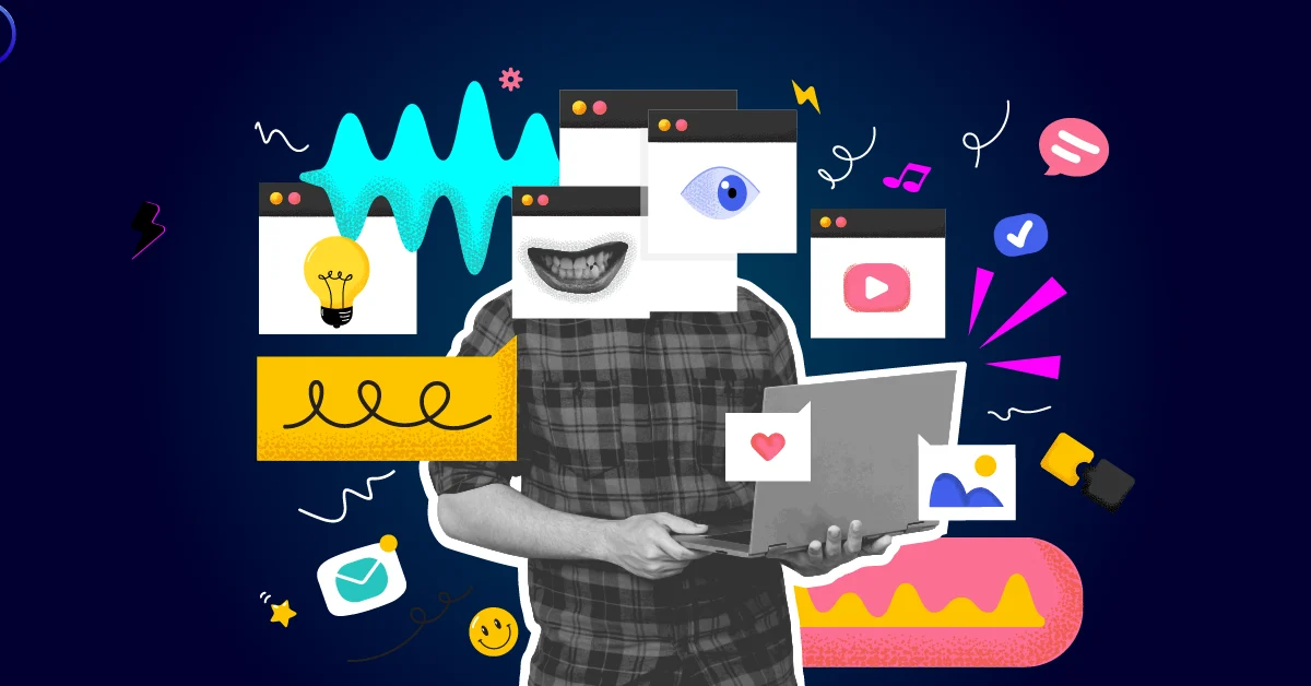 Een persoon die een laptop vasthoudt wordt bedekt met verschillende digitale pictogrammen, vensters en abstracte afbeeldingen die online communicatie en multimedia-inhoud voorstellen.