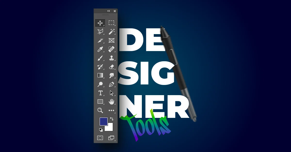 Een digitale pen, werkbalk van grafische ontwerpsoftware en het woord "DESIGNER" gedeeltelijk zichtbaar op een blauwe achtergrond met "Tools" in kleurrijke tekst.