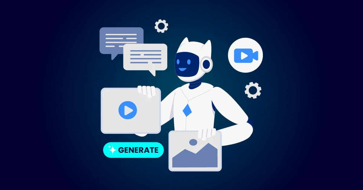 Illustratie van een robot met een tablet en een foto, omringd door chatbellen, videopictogrammen, tandwielen en een knop "Genereer", die het maken van AI-inhoud symboliseert.