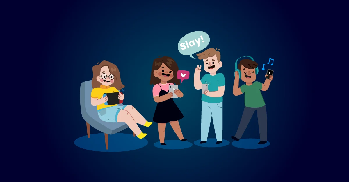 Vier stripfiguren gaan om met digitale apparaten; één zit met een laptop, twee gebruiken smartphones en één luistert naar muziek met een koptelefoon.