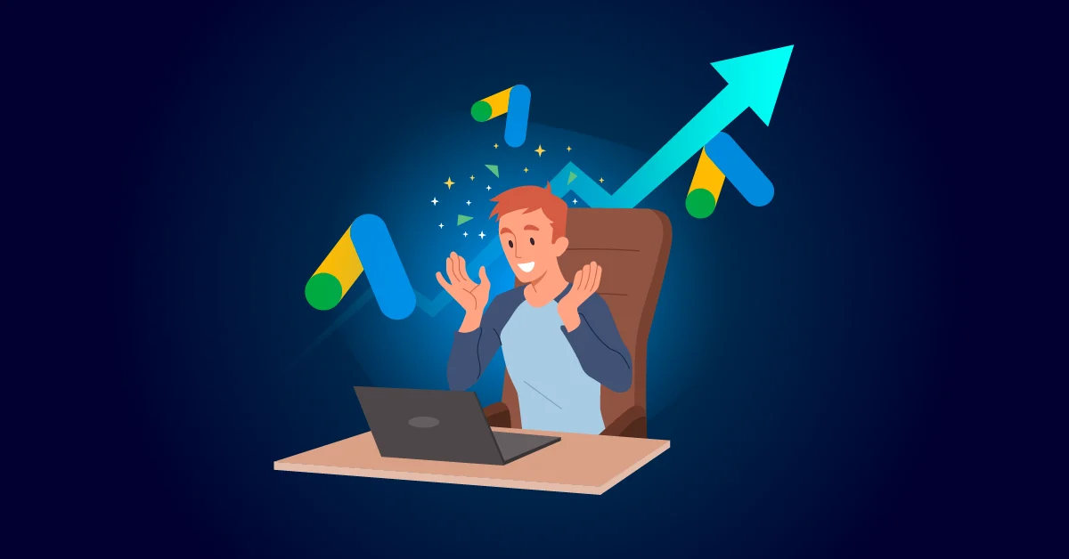 Illustratie van een persoon aan een bureau met een laptop, omringd door Google Ads-pictogrammen en een stijgende pijl die de groei van digitale marketing aangeeft.