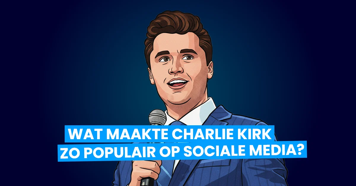 Illustratie van een man in pak die een microfoon vasthoudt met Nederlandse tekst met de vraag waarom Charlie Kirk en Turning Point populair werden op sociale media en wat dit betekent voor vrije meningsuiting.