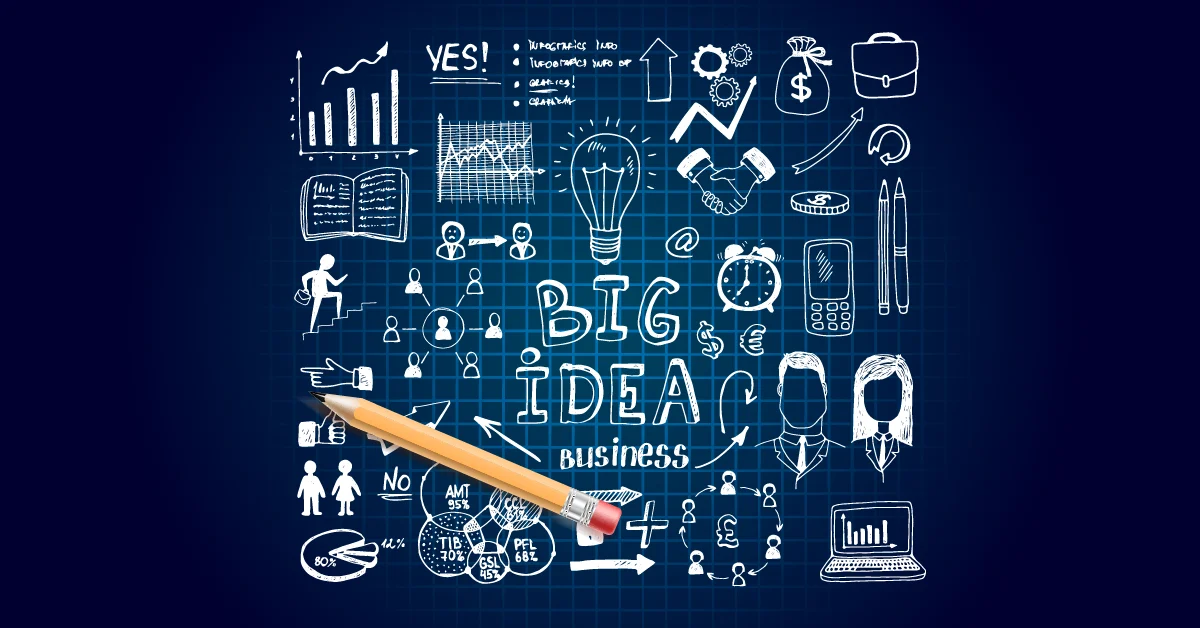 Illustraties in krijtbordstijl van bedrijfsconcepten, grafieken, diagrammen en pictogrammen met de woorden "BIG IDEA" in het midden en een groot potlood dat ernaar wijst.