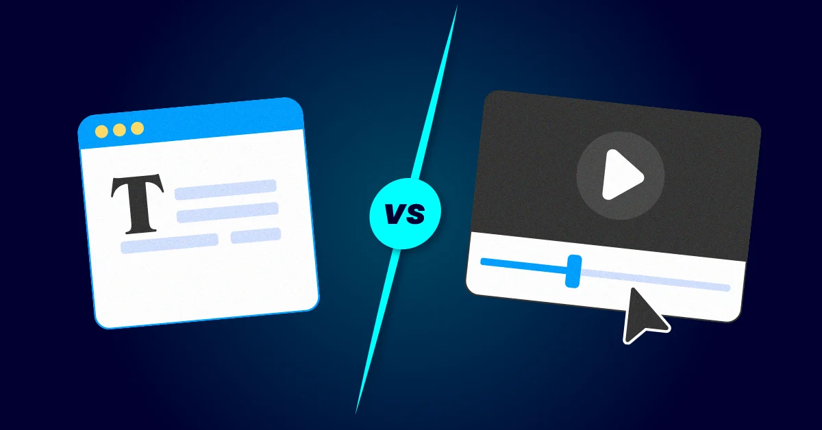 Illustratie met een uitsplitsing tussen een tekstdocument aan de linkerkant en een videospeler aan de rechterkant, met een "vs" in het midden, die een vergelijking tussen tekst- en video-inhoud voorstelt.