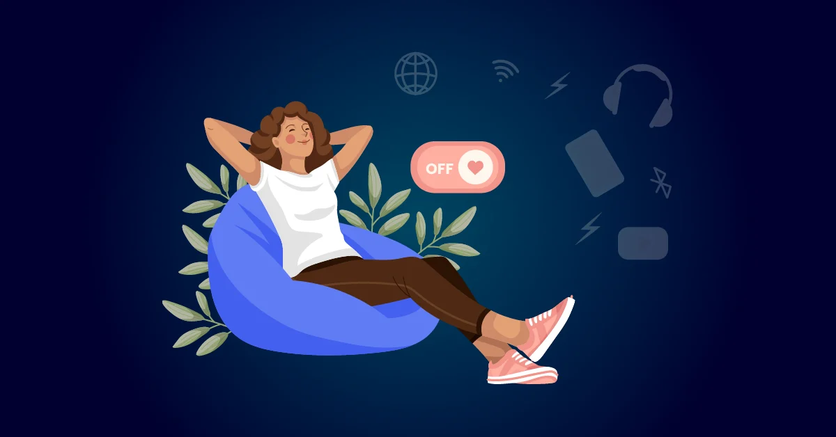 Illustratie van een persoon die zich ontspant op een zitzak met een "UIT"-knop en digitale apparaatpictogrammen eromheen, waarmee het idee van een sociale detox en een pauze zonder sociale media wordt weergegeven.