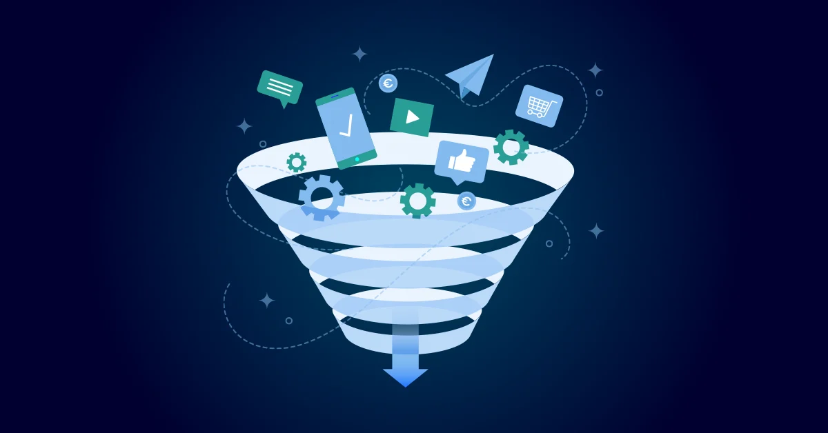 Illustratie van een marketingtrechter met pictogrammen die staan voor berichten, mobiele apparaten, versnellingen, winkelwagentjes en sociale media, wat staat voor stappen die omzet verhogen in het digitale marketingproces.