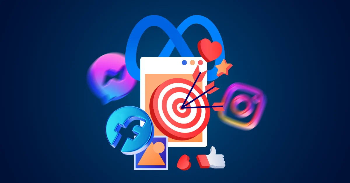 Illustratie van een doelwit met pijlen in het midden, omringd door pictogrammen voor Facebook, Instagram, Messenger en symbolen voor sociale-mediabetrokkenheid, die de kracht van Meta-advertenties voor het stimuleren van Facebook-advertenties en -bereik benadrukken.