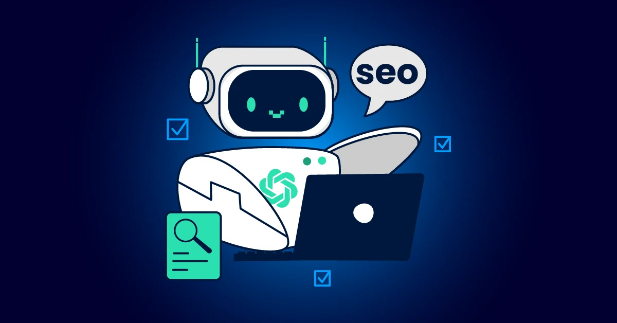Illustratie van een robot met OpenAI-logo aan het werk op een laptop, omringd door SEO-gerelateerde pictogrammen en een tekstballon met de tekst "SEO" tegen een donkerblauwe achtergrond.