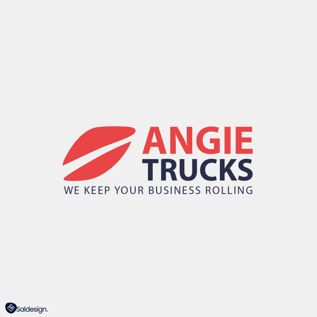 Angie Trucks leasing-logo met een rode bladafbeelding, vetgedrukte rode en marinebruine tekst en de slogan "We keep your business rolling" op een witte achtergrond.