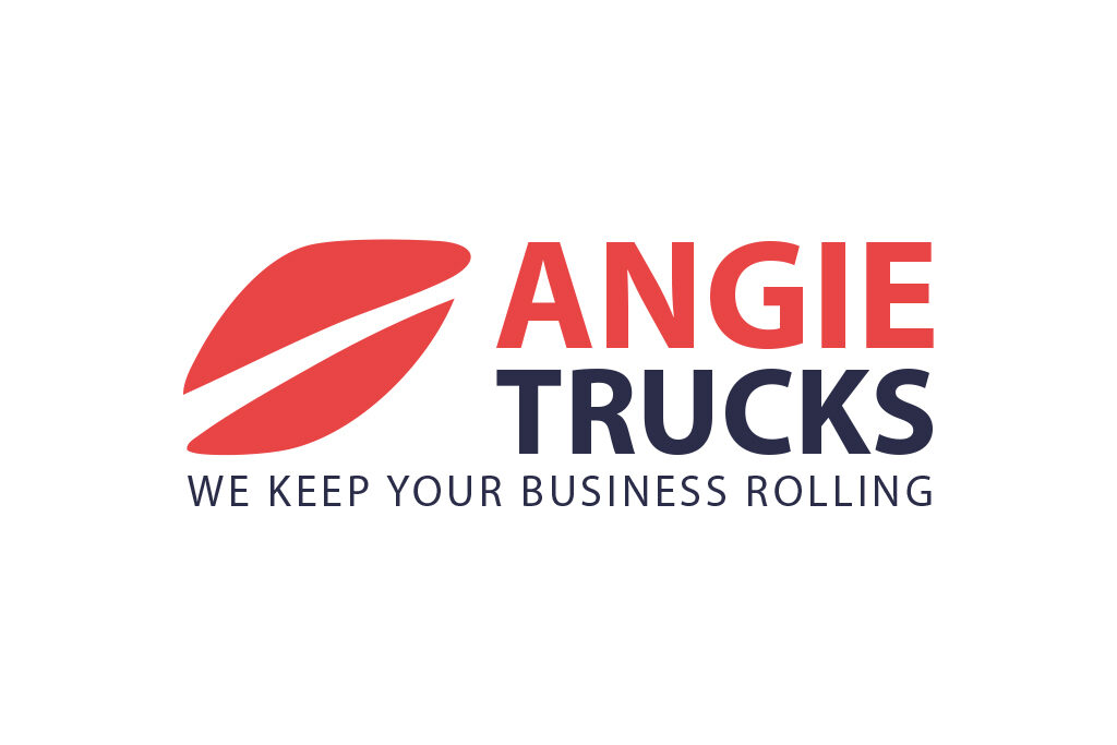 Angie Trucks logo-ontwerp met een rood gestileerd blad, de bedrijfsnaam in rode en marineblauwe tekst, en de slogan "We keep your business rolling" eronder voor sterke branding.