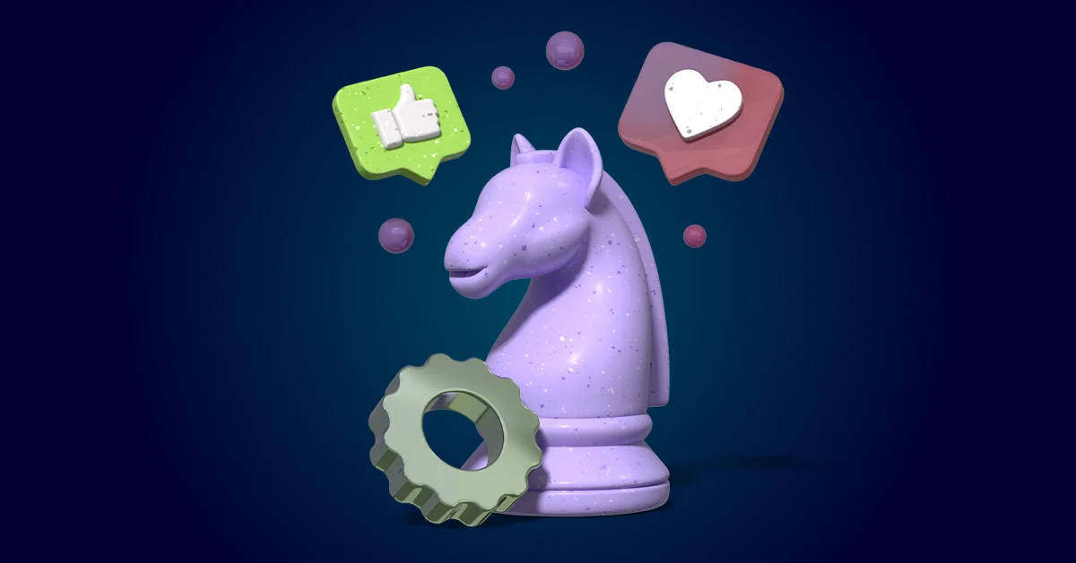 Een paarse schaakridderfiguur met een versnelling ervoor, omringd door zwevende duim-omhoog en hartpictogrammen, op een donkerblauwe achtergrond.