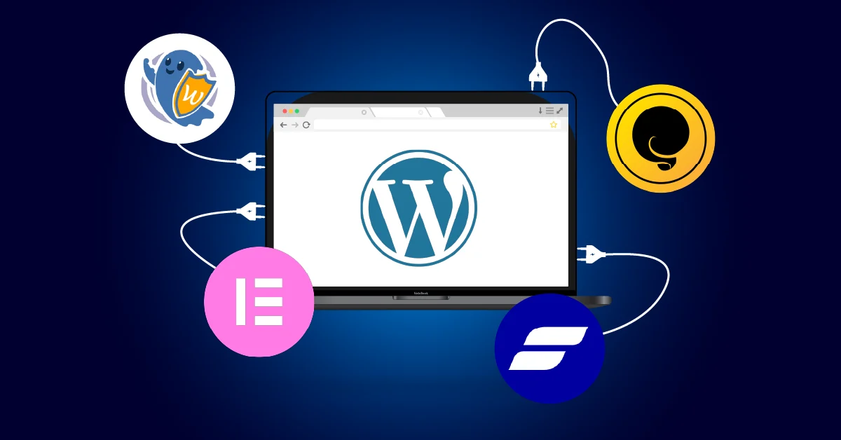 Er wordt een laptop met het WordPress logo getoond, met daarop icoontjes die verschillende plugins voorstellen, verbonden door lijnen op een donkerblauwe achtergrond.